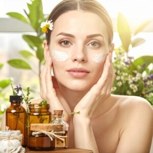 Mujer aplicando cuidado facial herbal con crema natural y frascos de aceites de hierbas medicinales